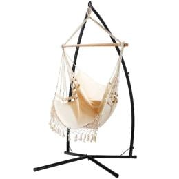 Outdoor Hammock Chair Steel Stand Tassel Hanging Rope - Cream