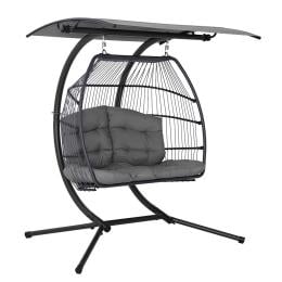 Outdoor Lounge Hanging Swing Chair Hammock Stand Rattan Wicker Grey