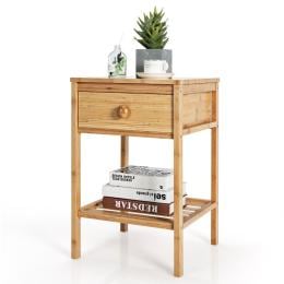 Bamboo Nightstand Bedside Table With Drawer Open Storage Shelf Natural