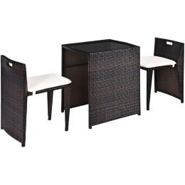 3 Pieces Cushioned Patio Rattan Set With Tempered Glass Top Table