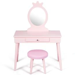 Kids Vanity Makeup Table Set With Real Mirror For Little Girls Pink