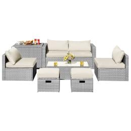 8-piece Outdoor Grey Pe Rattan Set With Washable Cushion Covers White