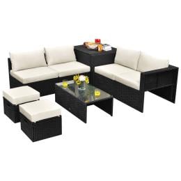 8pcs Outdoor PE Rattan Conversation Set With Cushions Covers - White