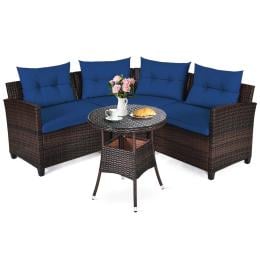 4-piece Patio Wicker Furniture Set With Cushion Navy