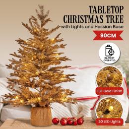 Christabelle 3ft Christmas Tree with Lights - Gold Fir in Hessian Base