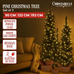 Christabelle Green Pine Christmas Trees Set of 3 with LED Lights & Hessian Base