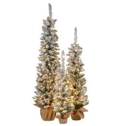 Christabelle Snowy Pine Christmas Trees Set of 3 with LED Lights & Hessian Base