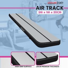 Powertrain 3m x 1m x 20cm Air Track Inflatable Tumbling Mat Gymnastics - Grey Black
