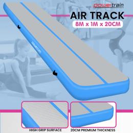 Powertrain 8m x 1m x 20cm Air Track Inflatable Gymnastics Mat Exercise Tumbling - Grey Blue