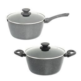 2 Pc Set 24cm Casserole Pan + 20cm Saucepan Set Lid Grey Handle