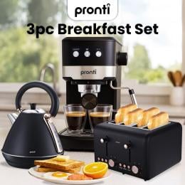 Pronti Breakfast Set with Rose Gold Kettle & Toaster with 1.2L Espresso Machine - Black