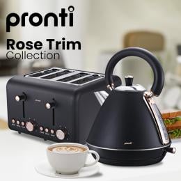 Pronti Rose Trim Collection Toaster & Kettle Bundle - Black