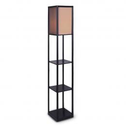 Etagere Floor Lamp Shelves in Black Frame with Brown Fabric Shade