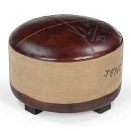 Round Large Leather Ottoman Recycled Canvas 65cm
