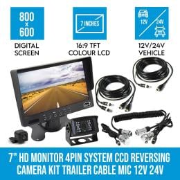 7in HD Monitor 4pin System CCD Reversing Camera Kit Cable Mic 12V 24V