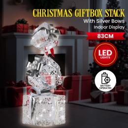 Christabelle Triple Christmas Silver Giftbox Stack Display with Lights - 83cm