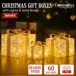 Christabelle Battery Operated Golden Christmas Gift Boxes with Lights & Gold Bows - Set of 3