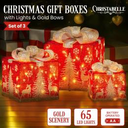 Christabelle Battery Operated Red Christmas Gift Boxes with Lights, Gold Scenery & Gold Bows - Set of 3