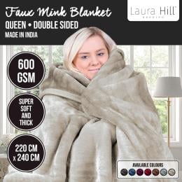 Laura Hill 600GSM Large Double-Sided Queen Faux Mink Blanket - Beige