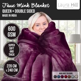 Laura Hill 600GSM Large Double-Sided Faux Mink Blanket - Purple