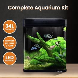 34L Complete Aquarium Kit With Bio Filter System LED Kit Curved Design