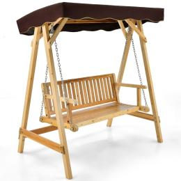 2-person Wooden Swing Chair With Canopy & Armrests - Brown