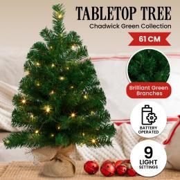 Christabelle Chadwick Green Pre-Lit Christmas Tree 61cm Tabletop Centrepiece 25 Warm White LED Lights Xmas Decor Set