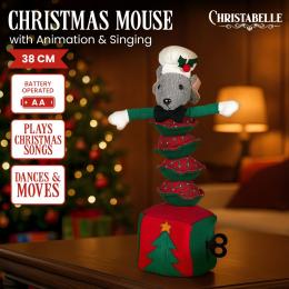 Christabelle 38cm Christmas Mouse Animated Musical Decoration Ornament for Table Top or Mantel Display with Music