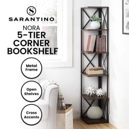 Sarantino Nora 5-Tier Corner Bookshelf - Walnut/Black