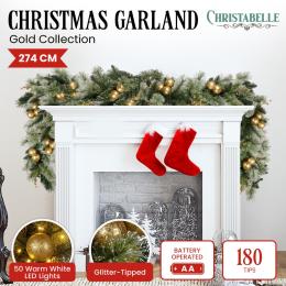 Christabelle 2.7m Christmas Garland with Gold Baubles and LED Lights Mantle Decoration Ornament