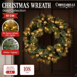 Christabelle 61cm Christmas Wreath Battery-Operated Warm White Lights Gold Baubles Xmas Decor