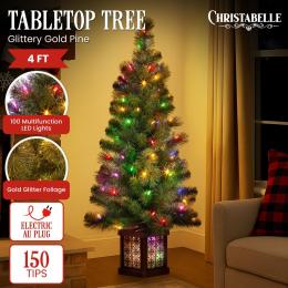 Christabelle 4ft Glittery Gold Pine Christmas Tree LED Lights Xmas Decor