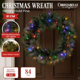 Christabelle 61cm Christmas Wreath LED Lights Glittery Gold Pine Front Door Decoration Ornament