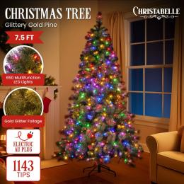 Christabelle 7.5ft Christmas Tree Glittery Gold Pine 650 LED Multi-functional Lights Xmas Decor