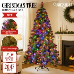 Christabelle 9ft Christmas Tree Glittery Gold Pine Needles 850 LED Multi-Functional Lights Xmas Decor