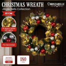 Christabelle 61cm Christmas Wreath with LED Lights Baubles Berries Red Silver Front Door Decoration
