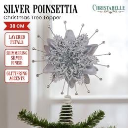 Christabelle Christmas Tree Topper Poinsettia Decoration Ornament Shimmering Silver Glittered Petals