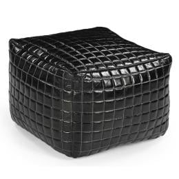 Sleek Black Leather Ottoman Handmade 60x60x48cm