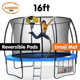 Kahuna Pro 16 ft Trampoline with Emoji Mat Reversible Pad Basketball Set