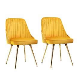 Set of 2 Dining Chairs Retro Kitchen Modern Metal Legs Velvet Yellow