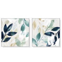 50cmx50cm Watercolour Style Leaves 2 Sets White Frame Canvas Wall Art