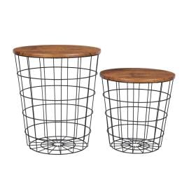 Vintage Round Coffee 2 Tables Steel Frame Brown & Black