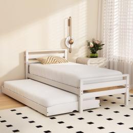Bed Frame Single Size 2-in-1 Trundle Wooden White Avis