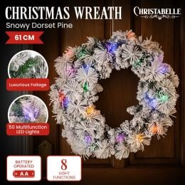 Christabelle 61cm Christmas Wreath Snowy Dorset Pine with Multi-Function LED Lights Tree Door Decoration Ornament