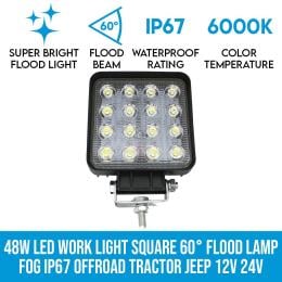 48w Led Work Light Square 60 Flood Lamp Fog Ip67 Tractor Jeep 12v 24v