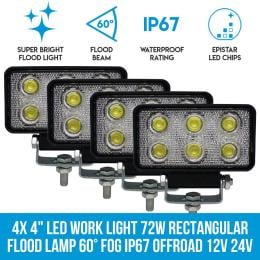 Elinz 4x 4in Led Work Light 72w Flood Lamp 60 Fog Ip67 Offroad 12v 24v