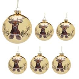 Christabelle Large Gold Glass Baubles 6Pcs with Reindeer Print Balls Christmas Tree Decoration Ornament