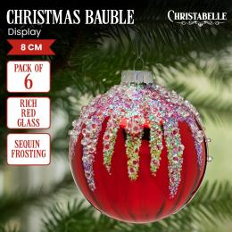 Christabelle Box of 6 Rich Red Glass Baubles with Sequin Frosting