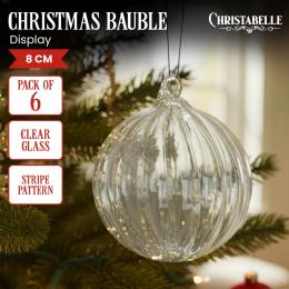 Christabelle Box of 6 Clear Glass Baubles with Stripe Pattern