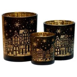 Christabelle Christmas Candle Jar Set of 3 Black and Gold Holiday Candle Holders